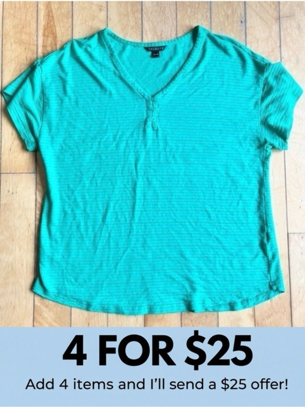 Talbots Aqua Turquoise Short Sleeve V-Neck buttons T-Shirt Size XL